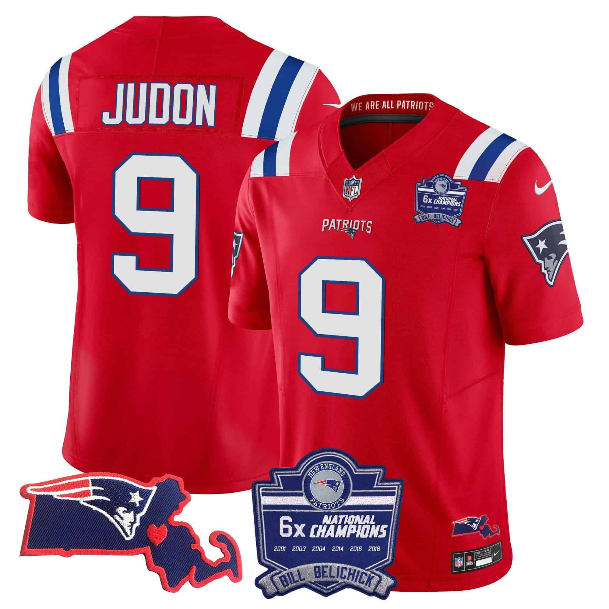 Men New England Patriots #9 Judon Red 2024 Nike 6x Champions Patch Vapor Limited NFL Jersey